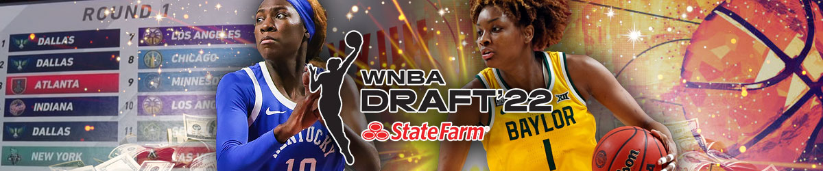 WNBA Draft 2022 logo, WNBA betting background with a basketball draft board, WNBA players