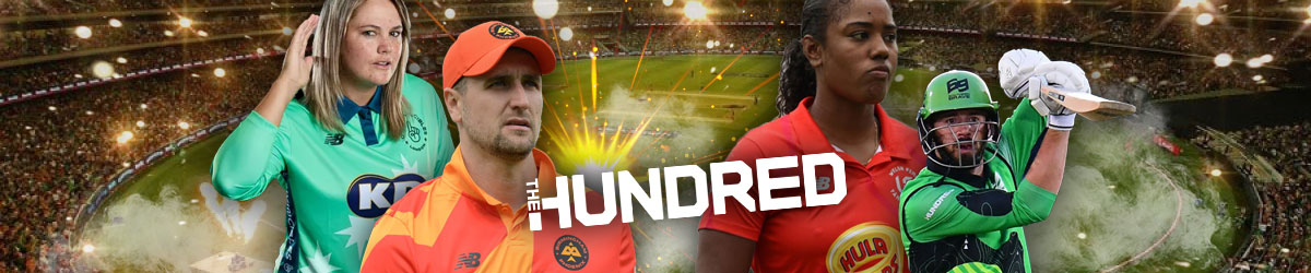 The Hundred cricket logo, cricket field in background, crickets players