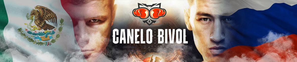 Boxing gloves graphic, Canelo (Mexican flag behind him) Bivol (Russian flag behind him)