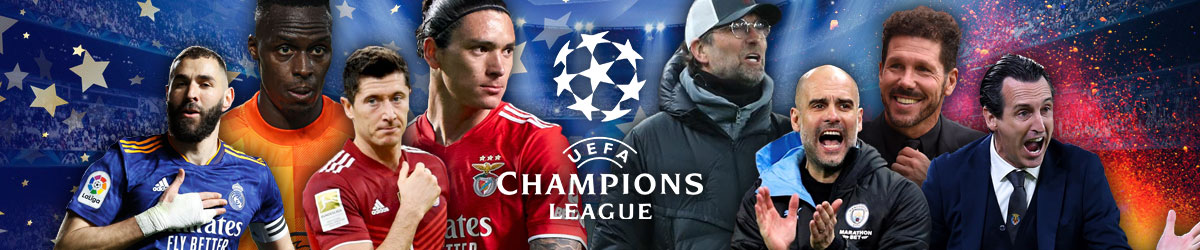 UEFA Champions League logo, soccer players on the left, head coaches on the right