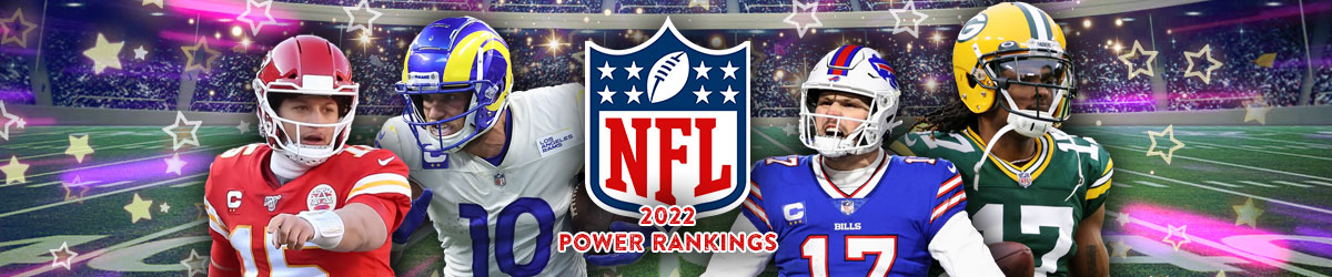 NFL logo, 2022 Power Rankings stamp, football field, NFL Players