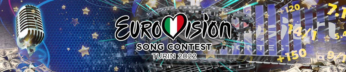Eurovision logo with Turin 2022 stamped, stage background with microphone