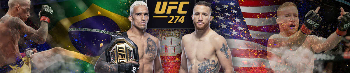 UFC 274 logo, Charles Oliviera and Justin Gaethje in center. Actions shots of both guys throwing at each other, if possible. Brazilian flag behind/over Oliveira - American flag behind/over Gaethje