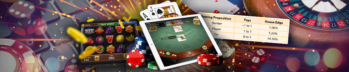 casino imagery with dice, chips, roulette, slots, cards