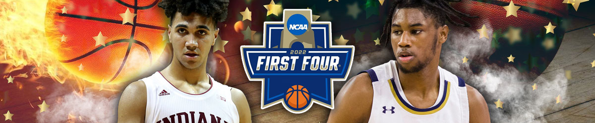 NCAA MM First Four logo, basketball background, college basketball players