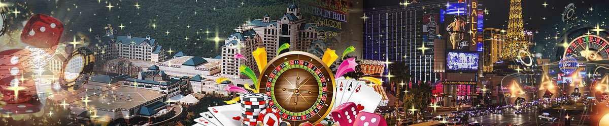 Foxwoods Resort Casino left, Las Vegas Strip to right, casinos imagery centered