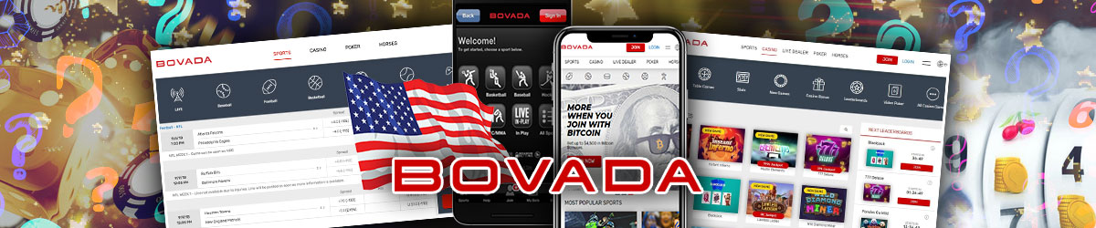 Bovada logo, American flag, generic casino background, Bovada webpages and mobile devices