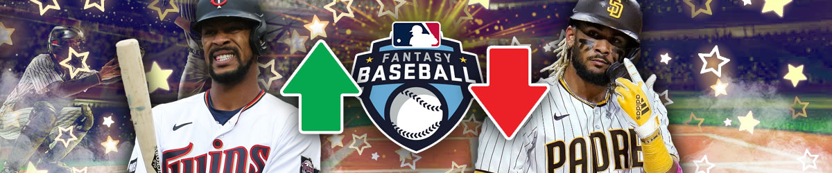 Fantasy Baseball logo, Green arrow pointing up with Byron Buxton, Red arrow pointing down with Fernando Tatis Jr.