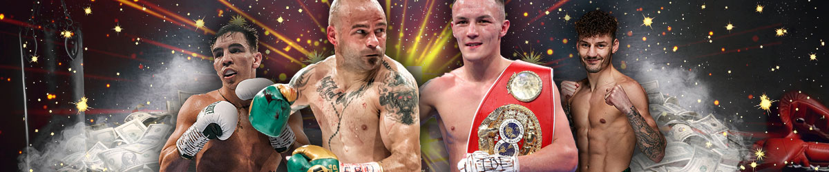 boxing ring with money and boxing fighters with gloves/belts