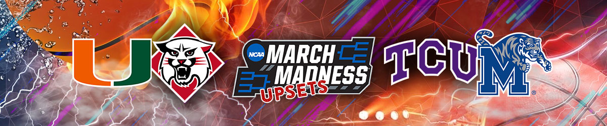 March Madness logo with upsets stamped, Davidson, Miami, TCU and Memphis logos