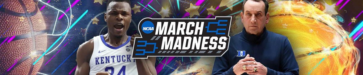 NCAA March Madness logo, March Madness/basketball background, Coach K, Oscar Tshiebwe