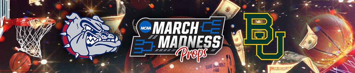 March Madness logo with props stamped on, college basketball team logos in background