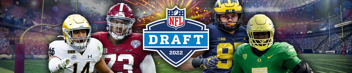 2022 NFL Draft logo, generic football field background, college football players in their teams uniform