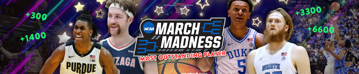 March Madness Logo with Most Outstanding player stamped in red, College basketball background with odds, college basketball players