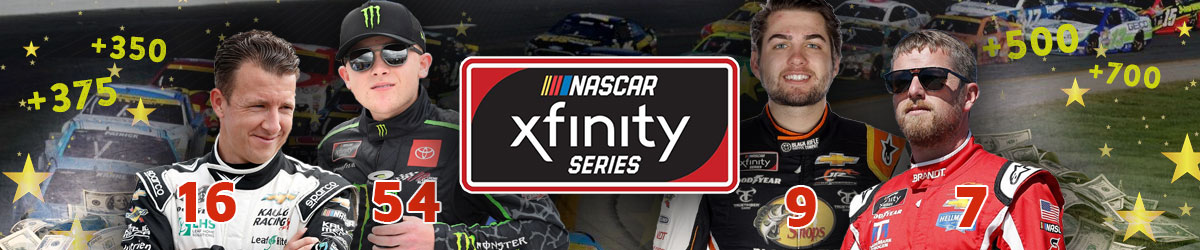 NASCAR Xfinity Series logo, cars on track, odds/money, NASCAR drivers