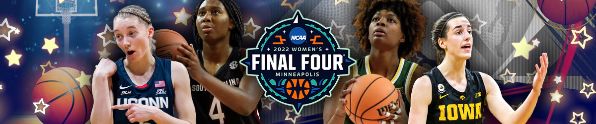 March Madness Women's Final Four logo, players Aliyah Boston, Paige Bueckers, NyLassa Smith and Caitlin Clark