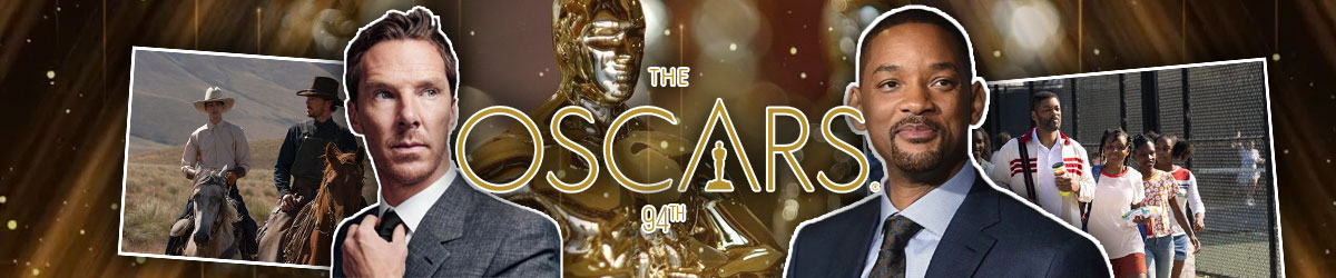 Oscars logo, Oscar statue/award background, The Power of the Dog and Benedict Cumberbatch to left King Richard and Will Smith to right