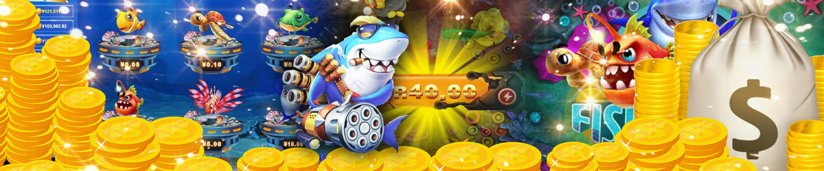Collage of Fish Catch casino game symbolism, Bonus screen imagery with money symbols like gold coins and bags with dollar signs
