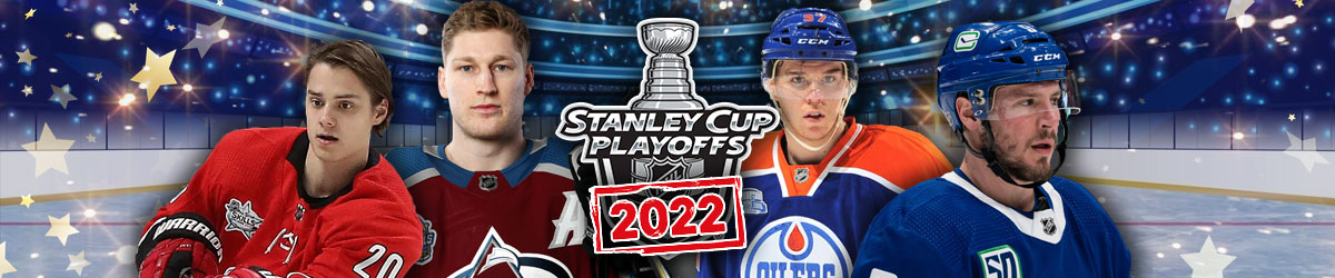 Stanley Cup Playoffs logo with 2022 stamped, hockey background, NHL hockey players