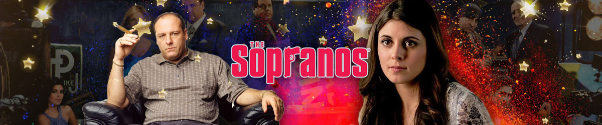 Sopranos logo in center. Tony Soprano to left Meadow Soprano to right.
