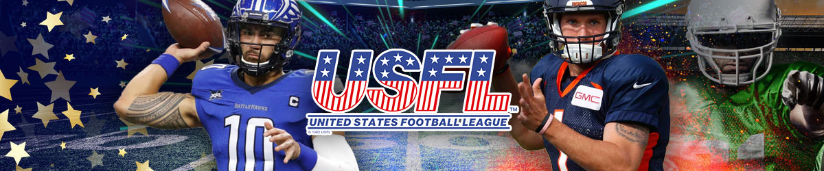 USFL logo, football background, Jordan Ta’amu left, Kyle Sloter right
