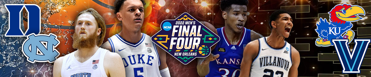 2022 Final Four logo, Duke, North Carolina, Kansas, and Duke logos, college basketball players