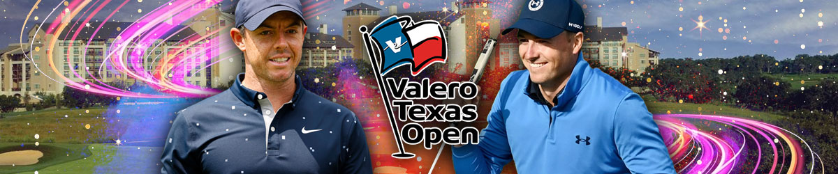 Valero Texas Open 2022 logo, TPC San Antonio course and golf background, Rory McIlroy to the left, Jordan Spieth to the right