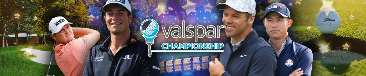 Valspar Golf logo, golf background, Viktor Hovland and Jason Kokrak to the left, Paul Casey and Collin Morikawa
