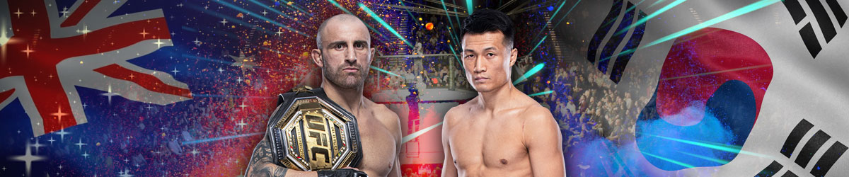 UFC Ring, Australia flag, South Korea flag, Alexander Volkanovski and Korean Zombie