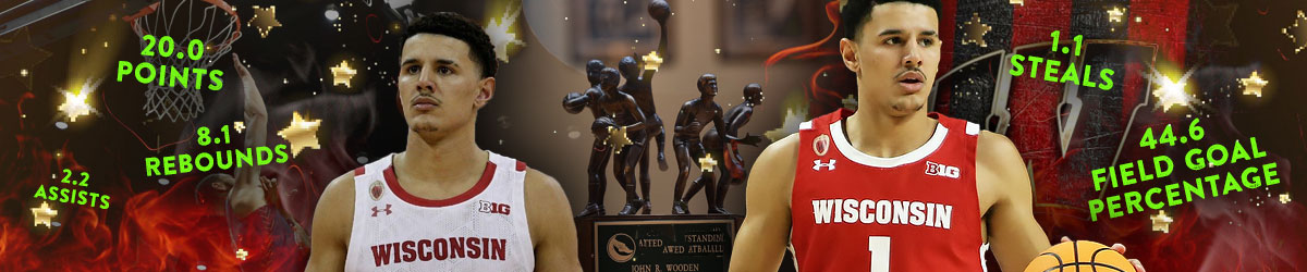 Wooden Award trophy, College basketball background, Wisconsin logo, stats, Johnny Davis