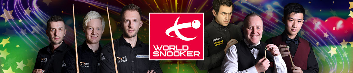 World Snooker logo, snooker background, and top snooker players