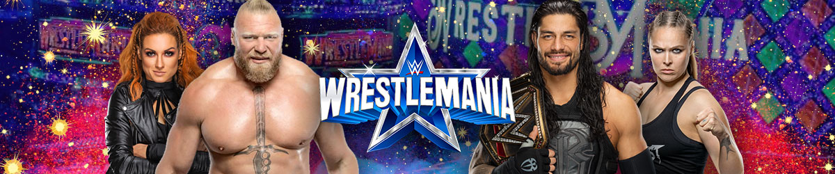 WrestleMania logo, Rock Lesnar and Roman Reigns front, Becky Lynch and Ronda Rousey behind