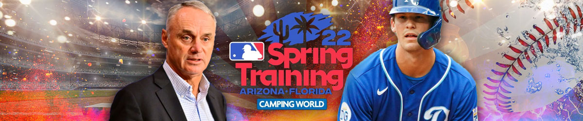 MLB 2022 Spring Training logo, MLB baseball field, baseball, Rob Manfred, and Bobb Whitt