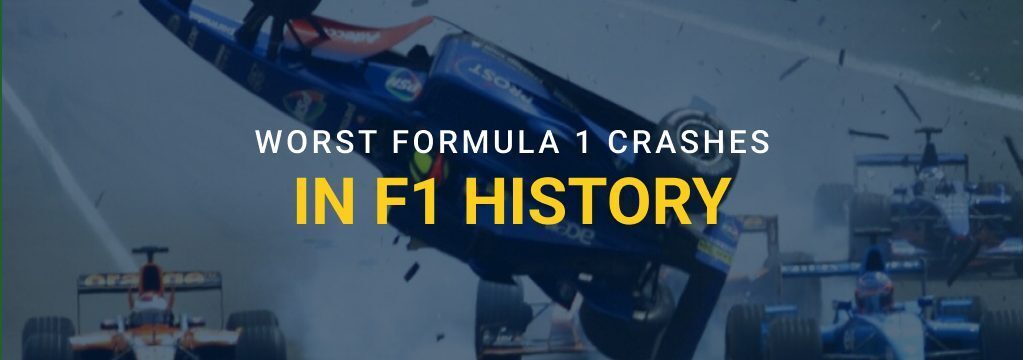 Formula 1 car flipping during a crash on the track with text reading “Worst Formula 1 Crashes in F1 History” and the GamblingSites.com logo.