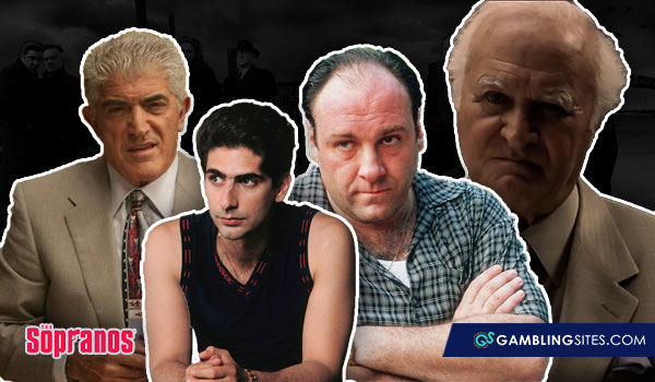 Tony Soprano and Christopher Moltisanti in center with Phil Leotardo and Feech La Manna to left and right
