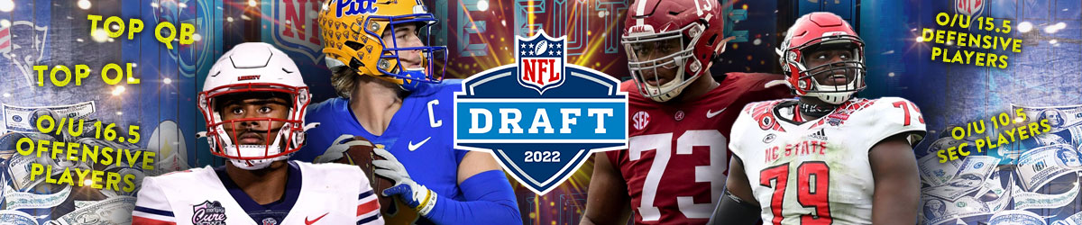 NFL Draft logo, NFL draft betting background with (“Top QB” “Top OL” “O/U 16.5 Offensive Players” “O/U 15.5 Defensive Players” “O/U 10.5 SEC Players”), college football players