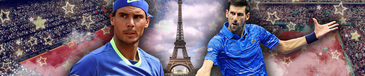 Tennis court background with Rafael Nadal/Novak Djokovic on each side and Eiffel Tower