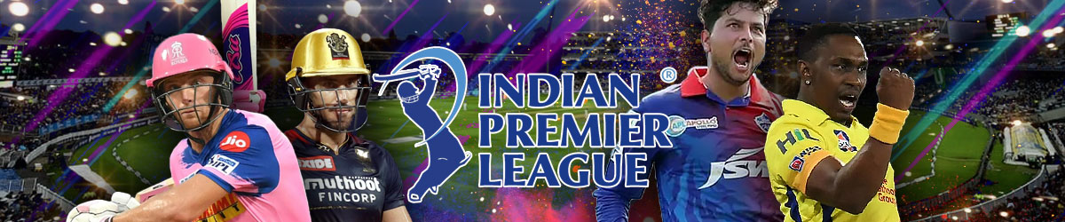 Indian Premier League logo, Faf Du Plessis (Royal Challengers Bangalore), Jos Buttler (Rajasthan Royals), Kuldeep Yadav (Delhi Capitals), and Dwayne Bravo (Chennai Super Kings)