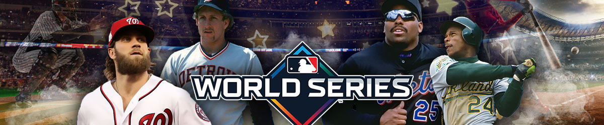 mlb and world series timeless graphic centered, lance parrish tigers and bryce harper nationals to left, bobby bonilla mets and rickey henderson athletics to right
