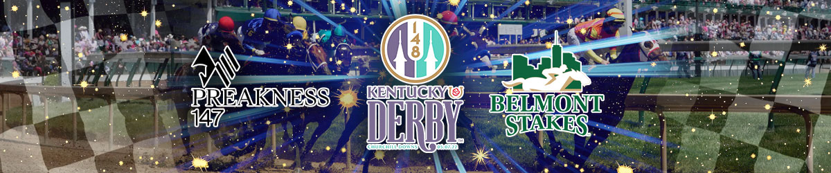 Horse racing background, checkered flag, logos of Preakness, Kentucky Derby and Belmont Stakes