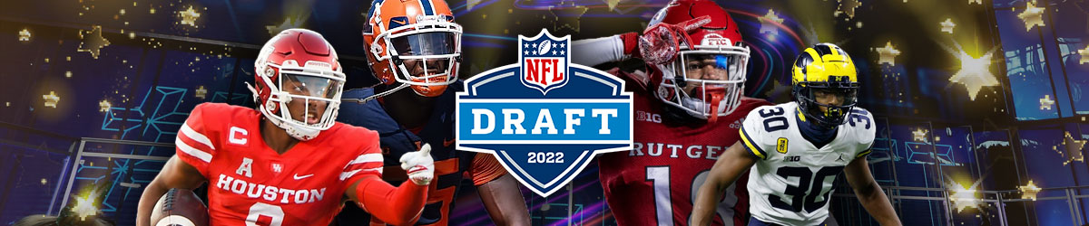 2022 NFL Draft logo, Kerby Joseph (Illinois) and Marcus Jones (Houston) on the left and Bo Melton (Rutgers) and Daxton Hill (Michigan) on the right