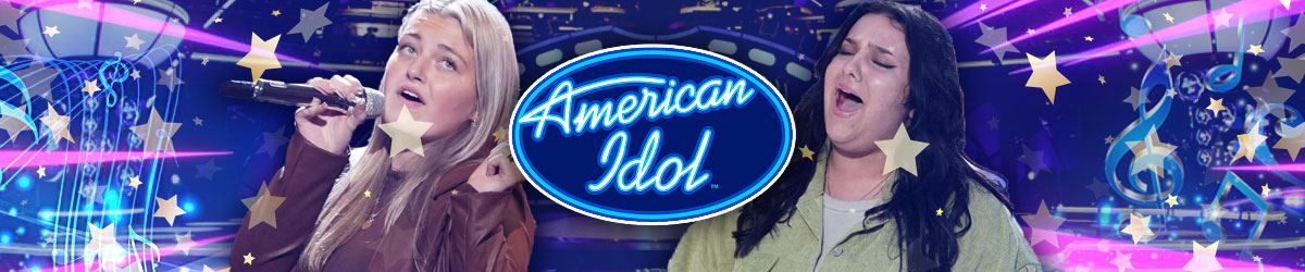 American Idol logo, two female contestants singing