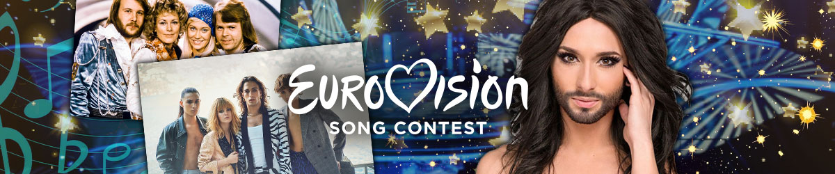 Eurovision logo, collages of Abba and Maneskin, Conchita Wurst