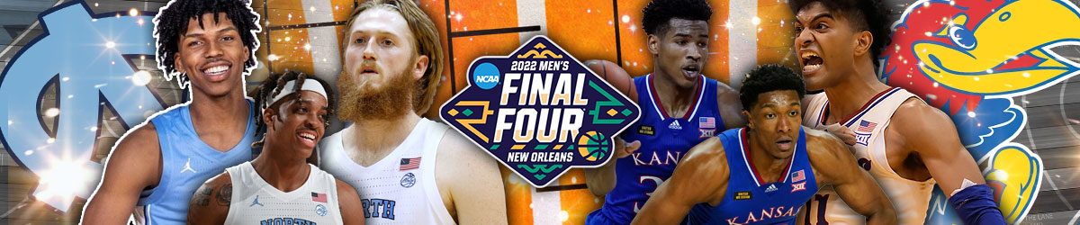 2022 Men’s Basketball Final Four logo, College Basketball betting background with North Carolina and Kansas logo, basketball players