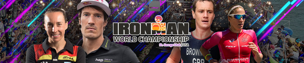 Ironman World Championship logo, Sebastian Kienle, Anne Haug, Alistair Brownlee, and Daniela Ryf