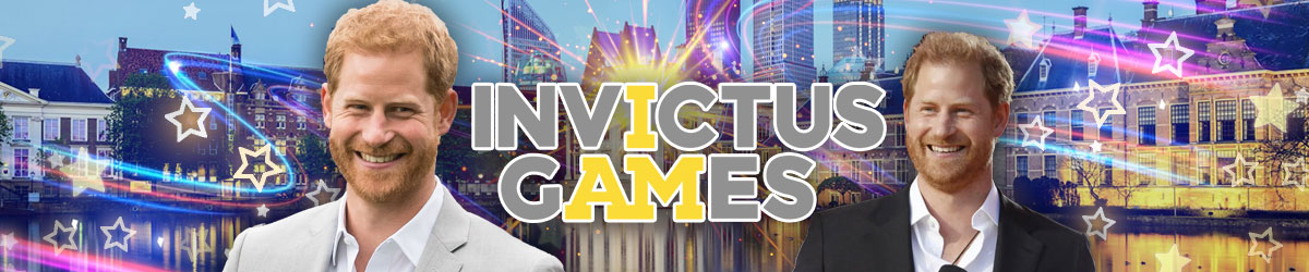 Invictus Games logo, Prince Harry, The Hague, Netherlands in the background