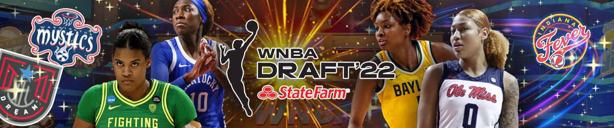 2022 WNBA Draft logo, WNBA Draft background with the following logos (Washington Mystics, Indiana Fever, and Atlanta Dream), and WNBA players
