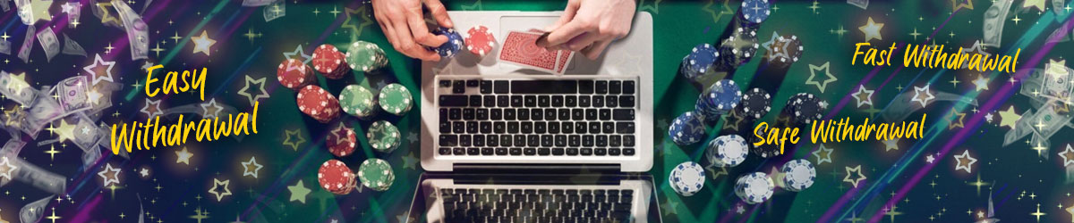 Laptop with someone playing with chips and cards, easy, fast, and safe withdrawal