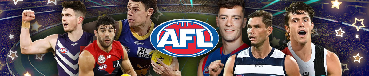 AFL logo, Lachie Neale, Christian Petracca, Andrew Brayshaw, Josh Dunkley, Tom Hawkins, and Jack Steele