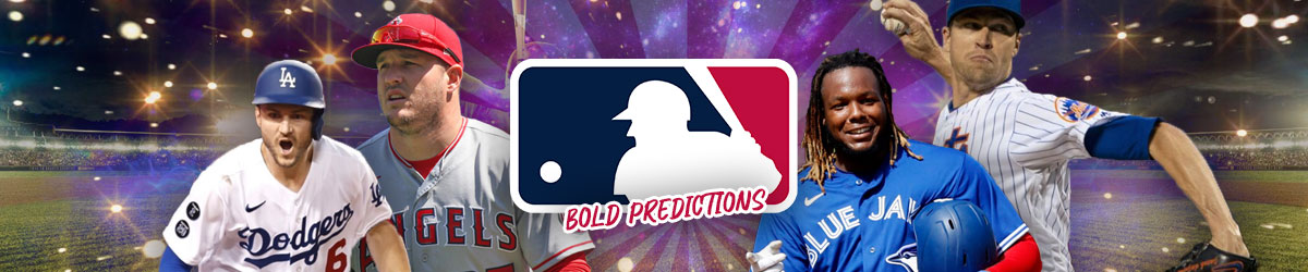 MLB logo, bold predictions stamped, baseball players" Mike Trout, Trea Turner, Vladimir Guerrero Jr., Jacob deGrom
